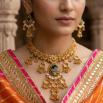 Antique Gold-Plated Temple Necklace Set with Green Stone Pendant & Designer Jhumka Earrings