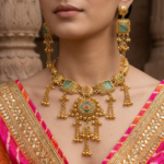Antique Gold-Plated Temple Necklace Set with Mint Green Stones & Long Chain Danglers