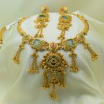 Antique Gold-Plated Temple Necklace Set with Mint Green Stones & Long Chain Danglers