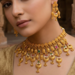 Women Gold-Plated Floral Temple Choker Jewellery Set with Earrings