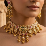 Women Gold-Plated Kundan Temple Choker Jewellery Set with Earrings