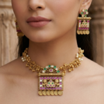 Traditional Rajwadi Gold-Plated Meenakari & Kemp Stone Studded Necklace Set with Beads